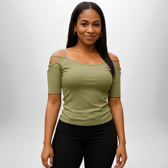 Solid Off Shoulder Top With Strappy Cut Sleeve - Picture 1 of 7